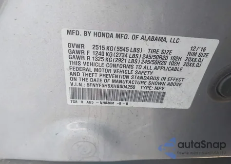2017 Honda Pilot Touring from USA, damaged, VIN 5FNYF5H9XHB004250